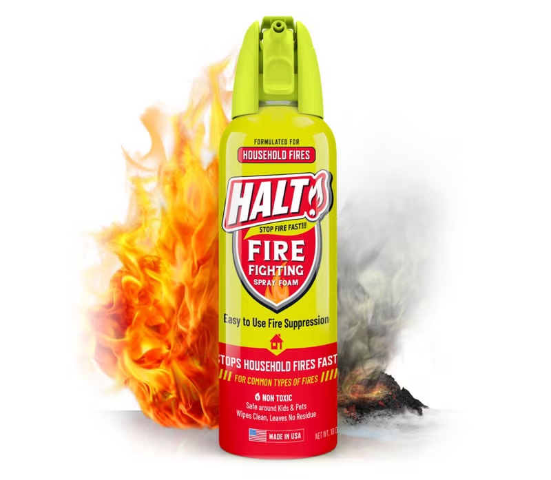 HALT Fire Spray product with fire background